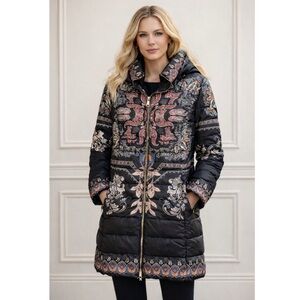 Northstyle Quilted Puffer Coat with Ornate Paisley Print in Black
